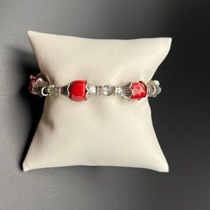 Elegant Silver tone and Red coral Bracelet with clear crystals spacers